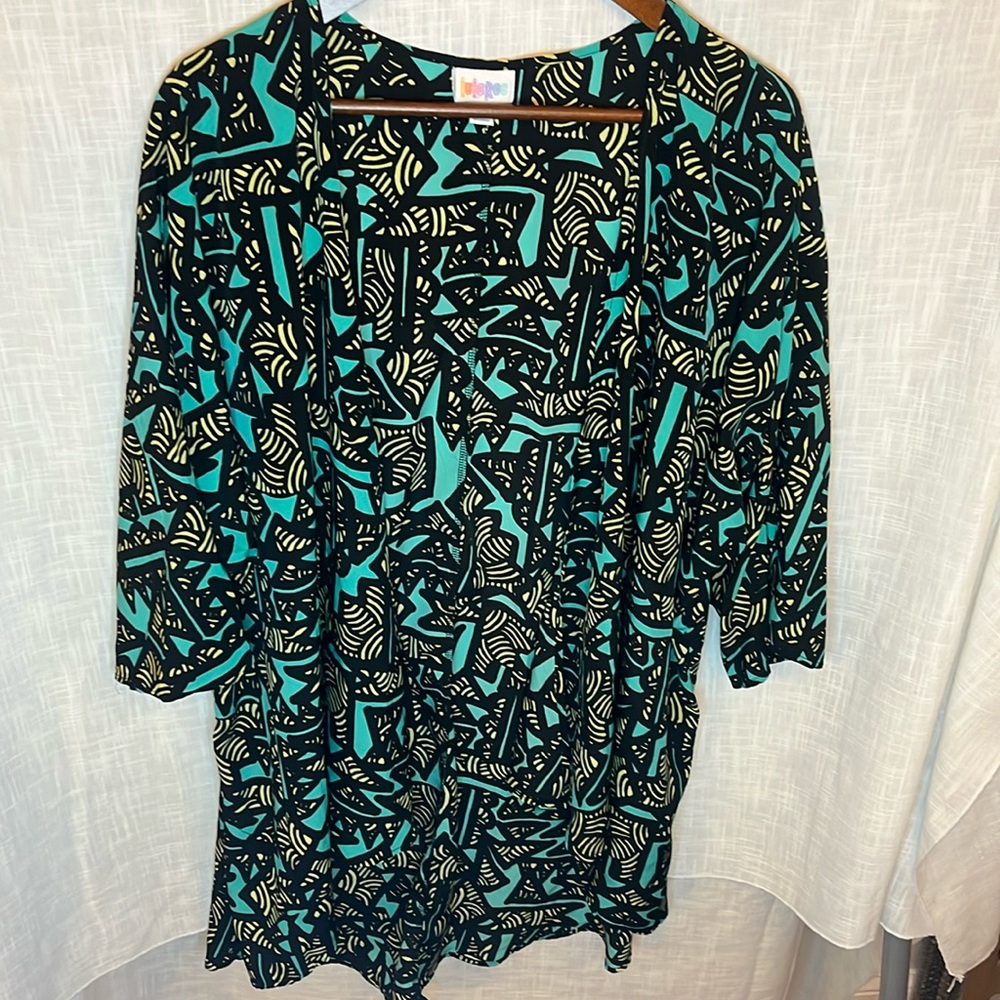 Lularoe kimono cardigan Sz L black, green, yellow flowy long open St Pattys Day!